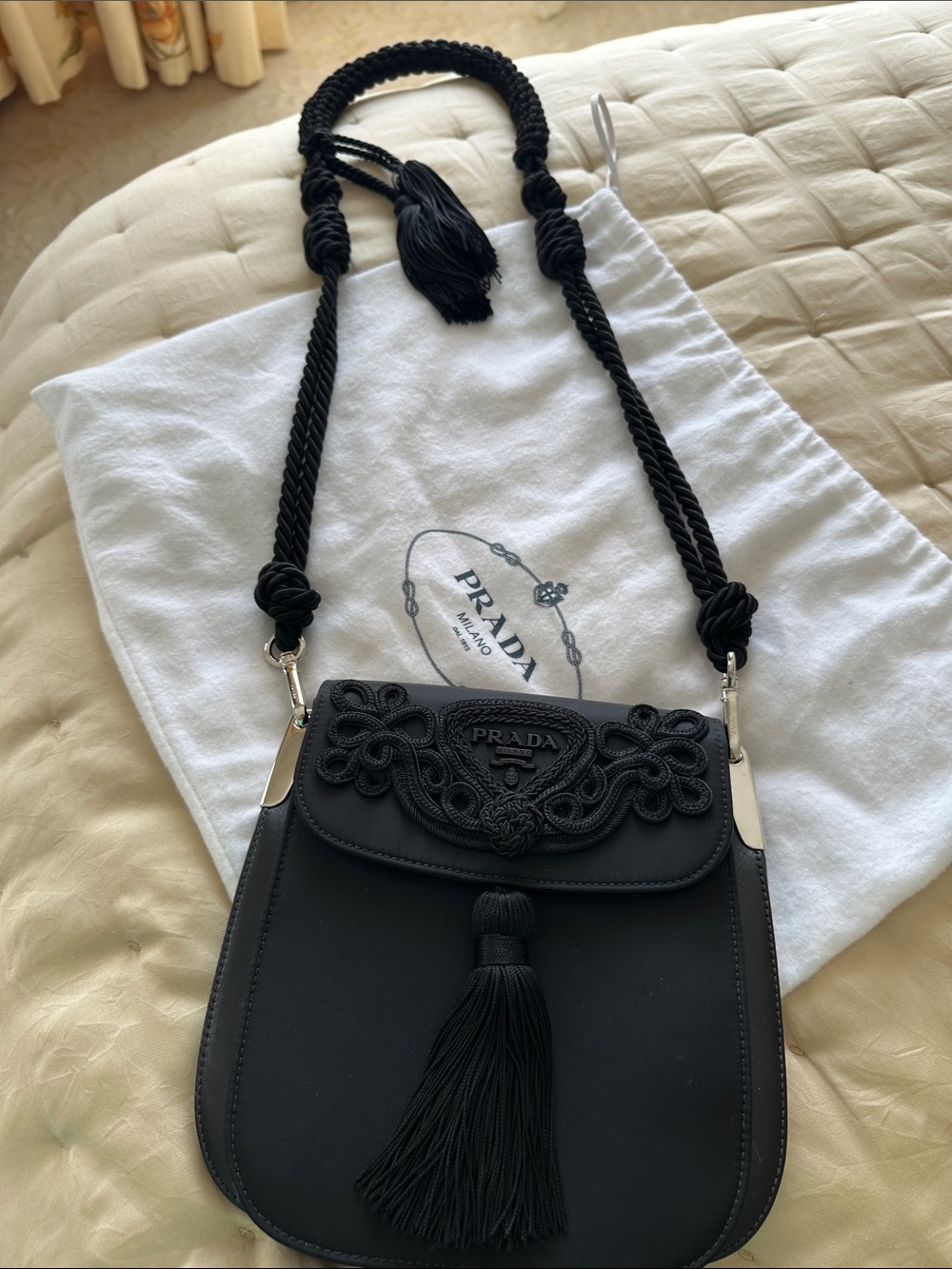 Prada Black Embroidered Tassel Crossbody Bag - Picture 3 of 5